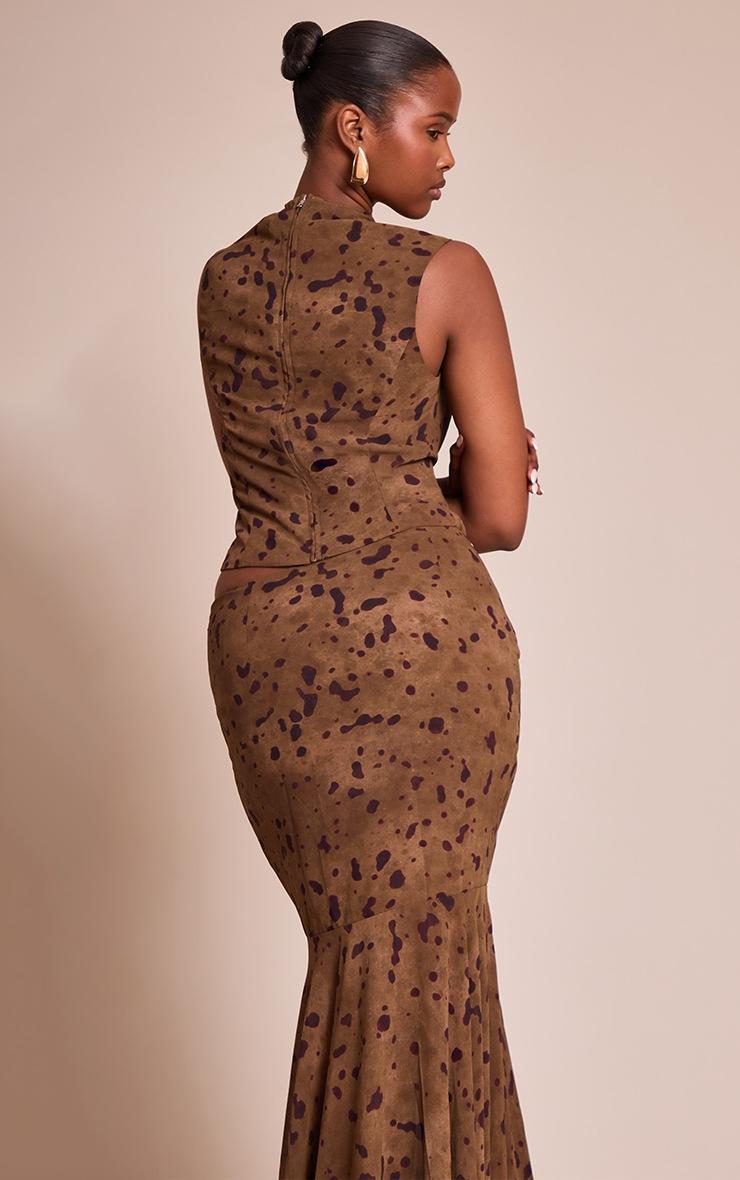 Pretty Little Thing Khaki Abstract Print Chiffon High Neck Cowl Top