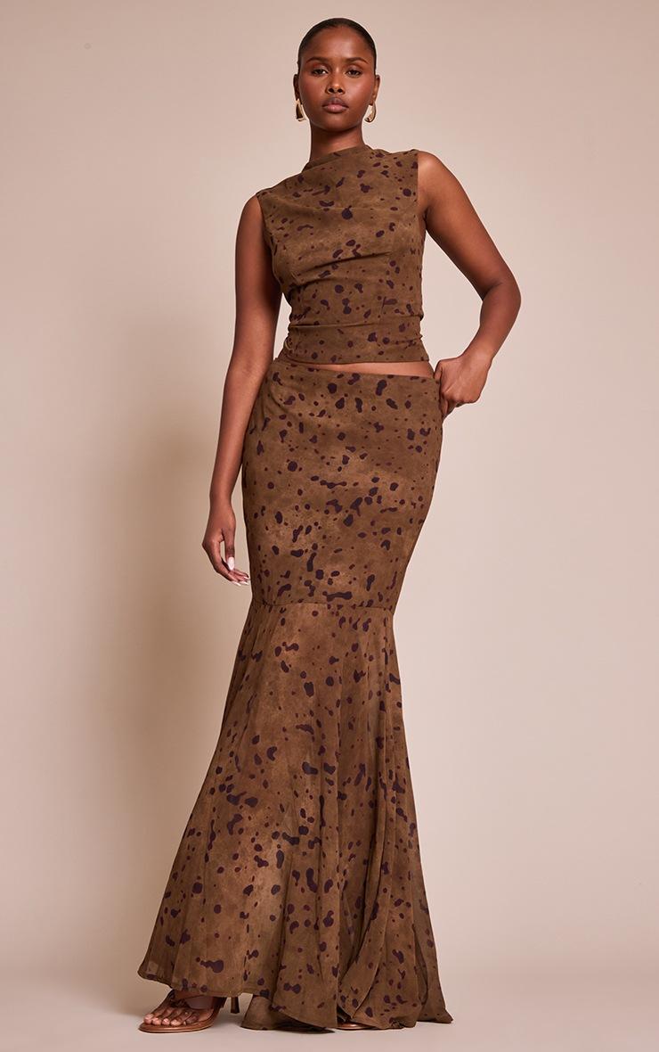 Pretty Little Thing Khaki Abstract Print Chiffon High Neck Cowl Top