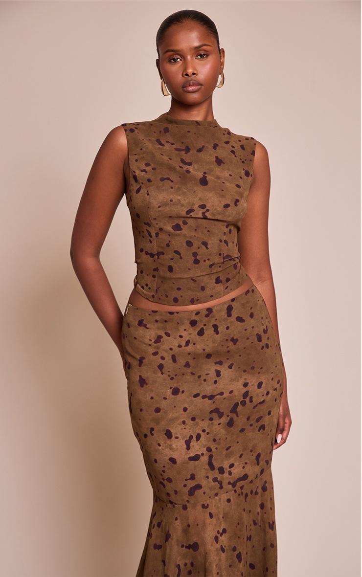 Pretty Little Thing Khaki Abstract Print Chiffon High Neck Cowl Top