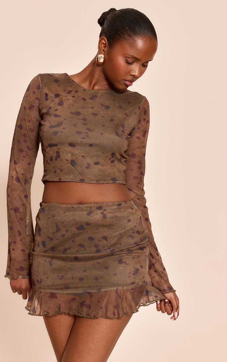 Pretty Little Thing Khaki Abstract Print Mesh Frill Hem Mini Skirt