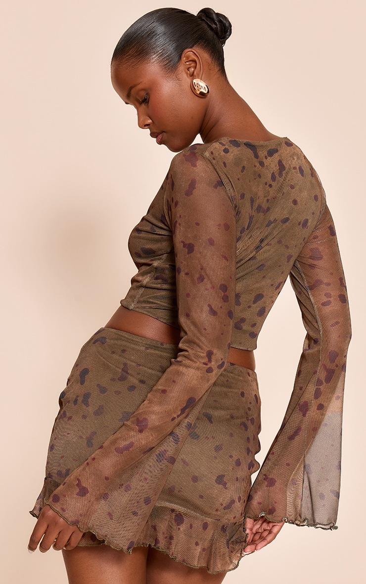 Pretty Little Thing Khaki Abstract Print Mesh Long Sleeve Top