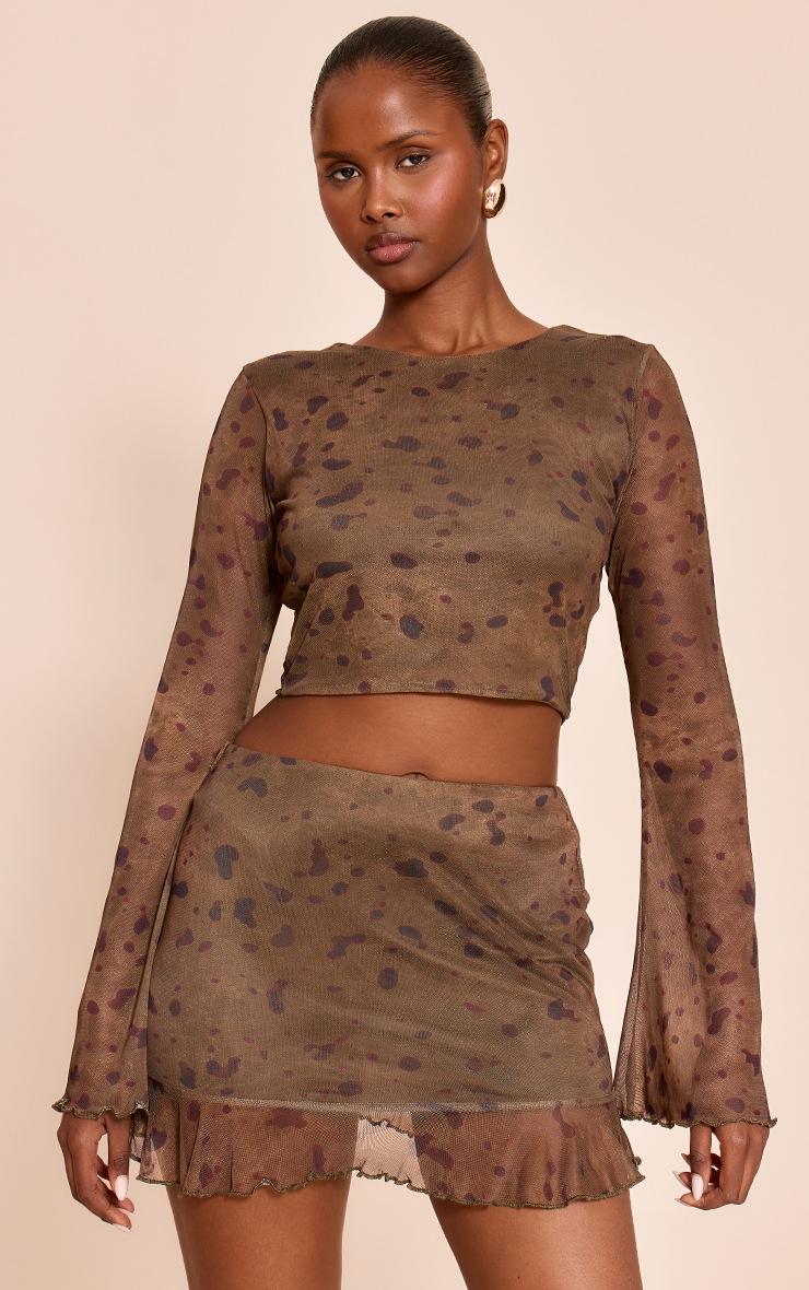 Pretty Little Thing Khaki Abstract Print Mesh Long Sleeve Top