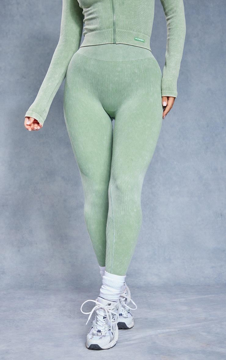 Pretty Little Thing Khaki Acid Wash Seamless Rib High Waist Gym Leggings
