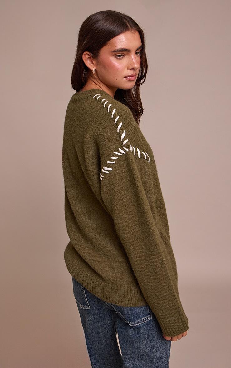Pretty Little Thing Khaki Blanket Stitch Knit Sweater