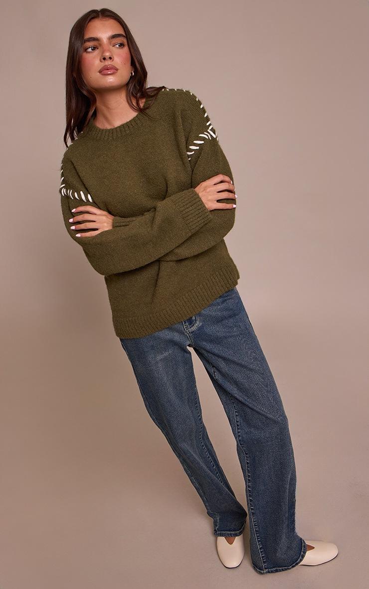 Pretty Little Thing Khaki Blanket Stitch Knit Sweater