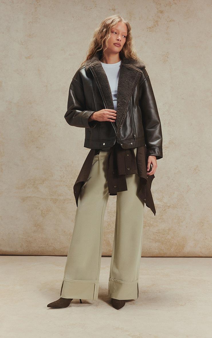 Pretty Little Thing Khaki Borg Collar Faux Leather Aviator Jacket