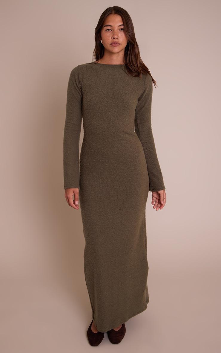 Pretty Little Thing Khaki Brushed Tie Back Long Sleeve Maxi Dress