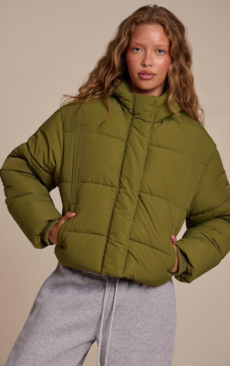 Pretty Little Thing Khaki Cropped Drawstring Puffer Jacket