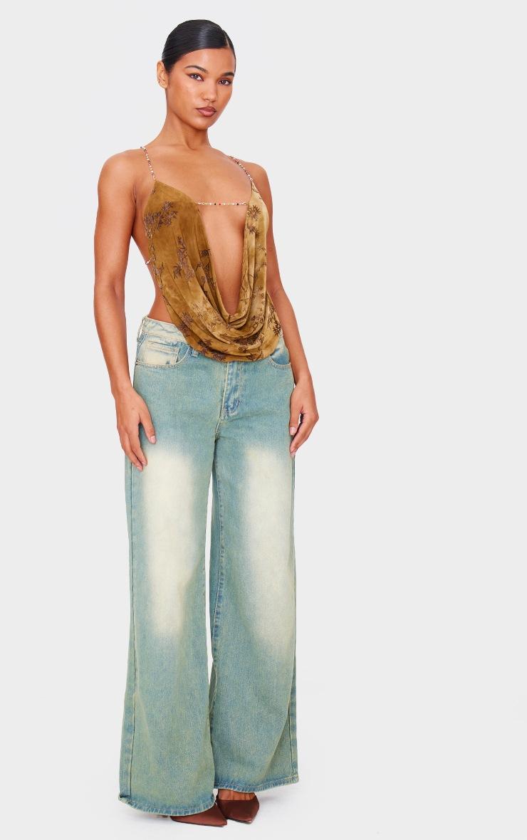 Pretty Little Thing Khaki Devore Cowl Neck Beaded Detail Top