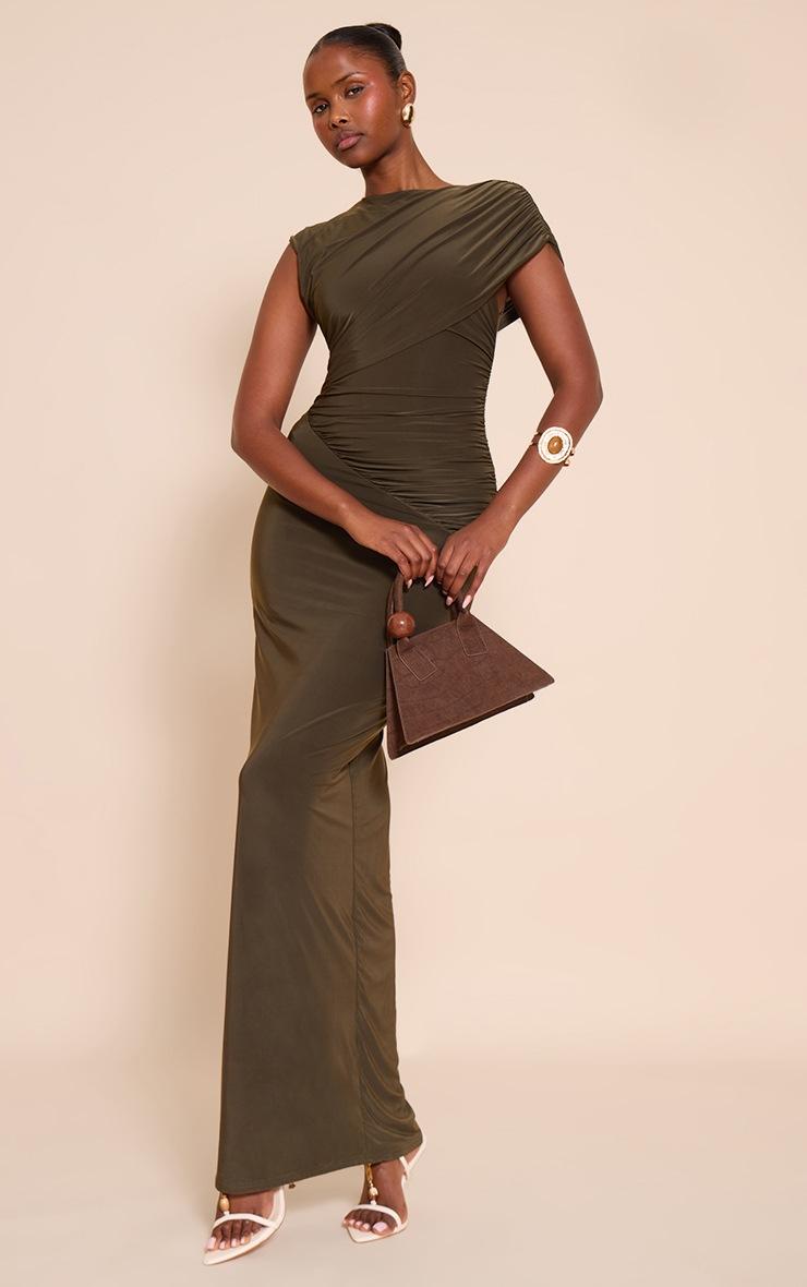 Pretty Little Thing Khaki Double Layer Slinky Off Shoulder Drape Bodycon Maxi Dress