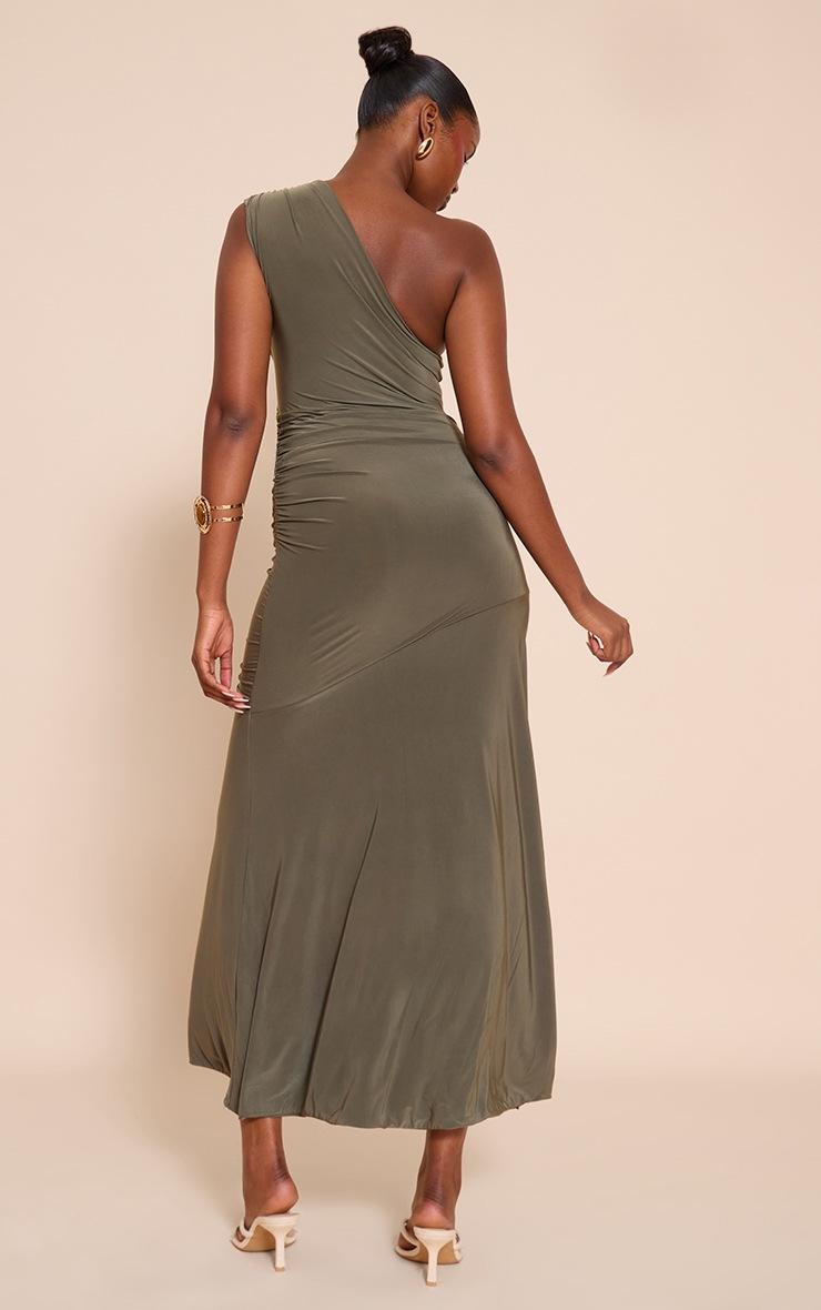 Pretty Little Thing Khaki Double Layer Slinky One Shoulder Ruched Drop Hem Maxi Dress