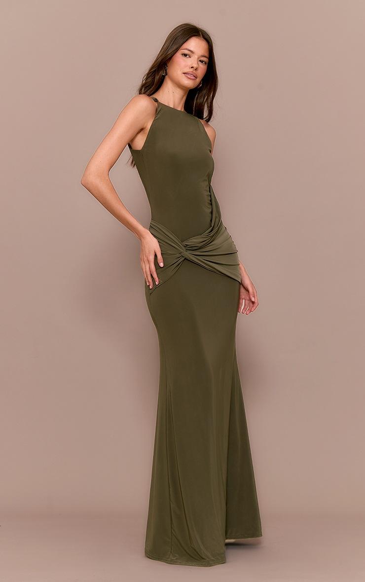 Pretty Little Thing Khaki Double Layer Slinky Twisted Front Halter Neck Maxi Dress