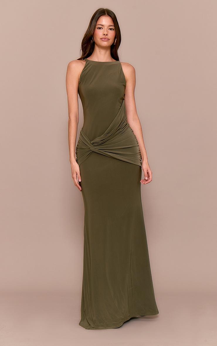 Pretty Little Thing Khaki Double Layer Slinky Twisted Front Halter Neck Maxi Dress