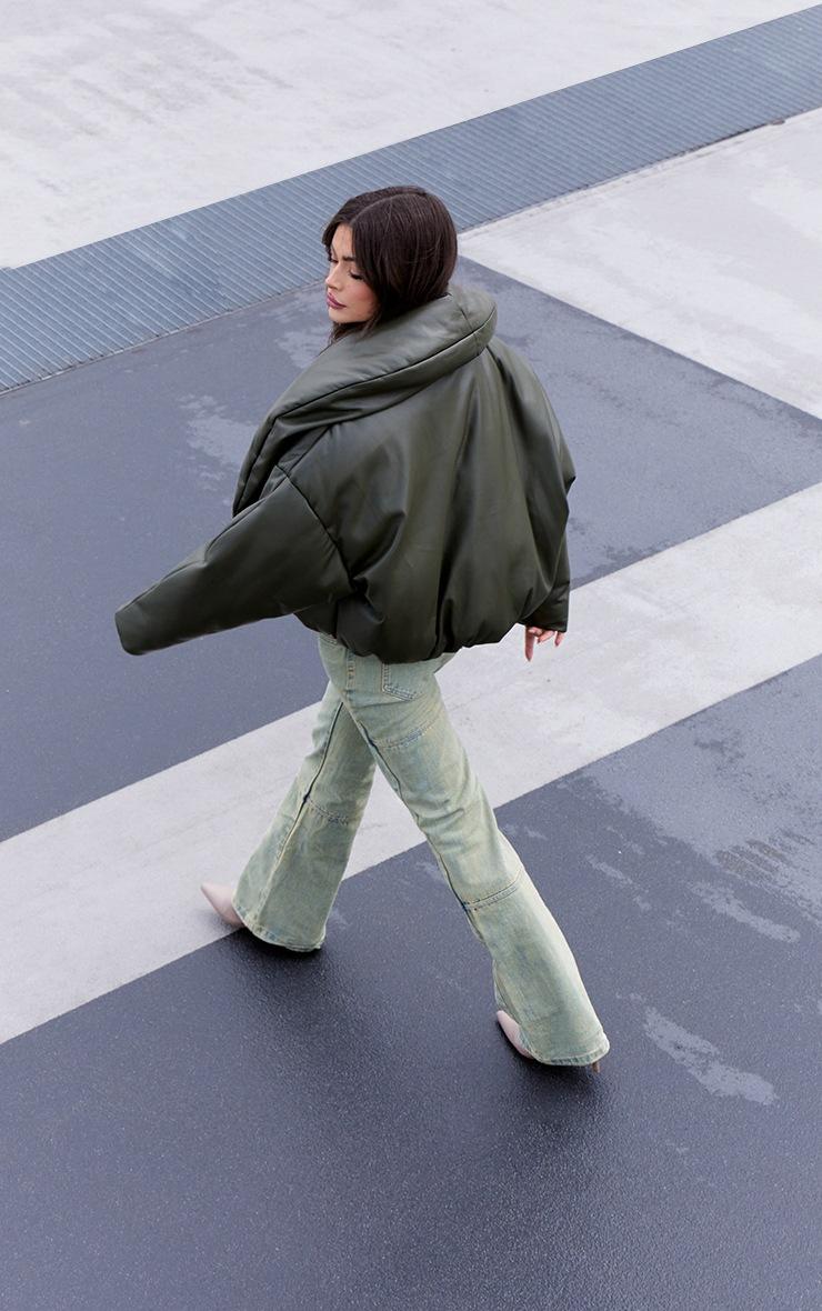 Pretty Little Thing Khaki Exaggerated Collar PU Cropped Puffer Coat