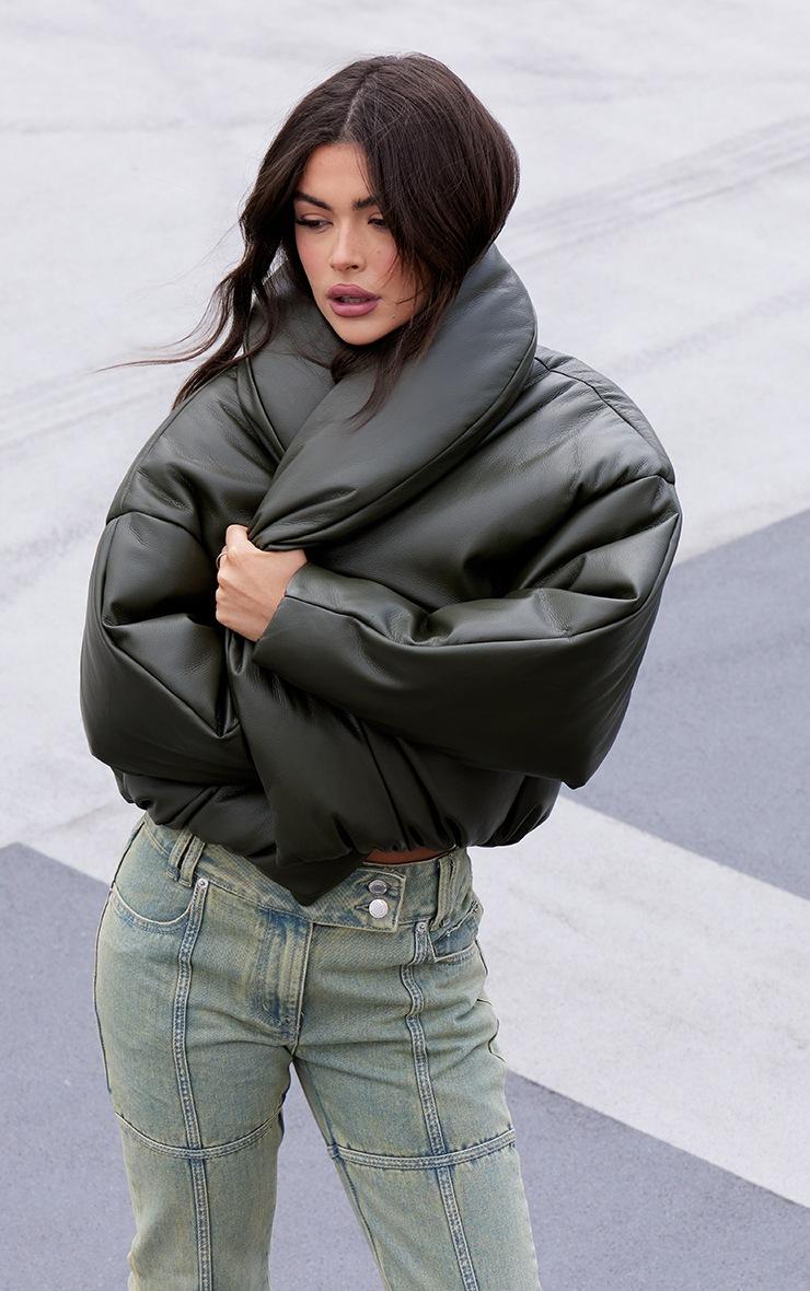 Pretty Little Thing Khaki Exaggerated Collar PU Cropped Puffer Coat