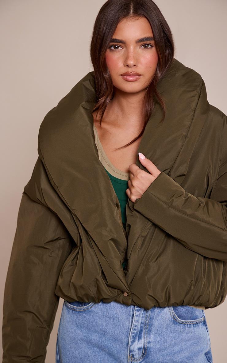 Pretty Little Thing Khaki Exaggerated Collar Shell Puffer Jacket