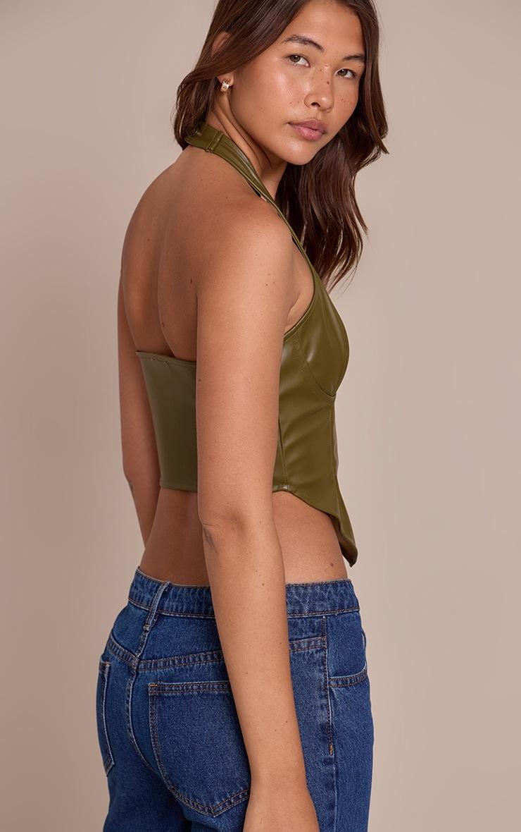 Pretty Little Thing Khaki Faux Leather Halterneck Crop Top