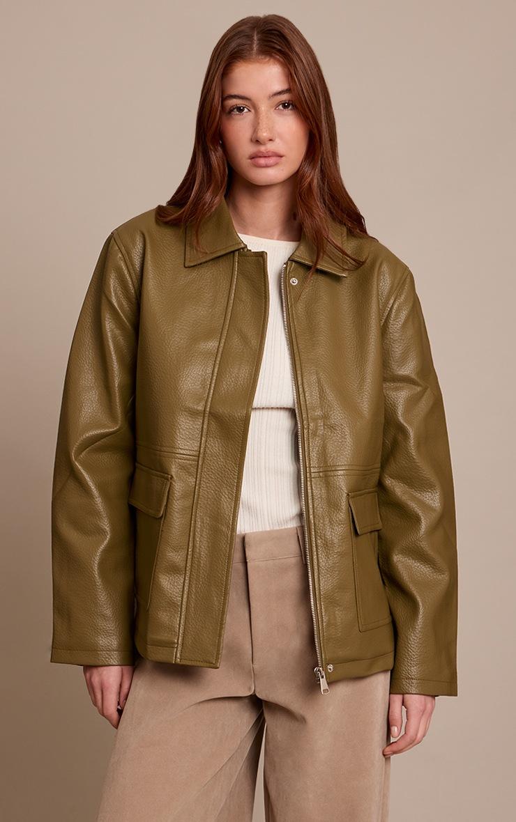 Pretty Little Thing Khaki Faux Leather Oversized Jacket