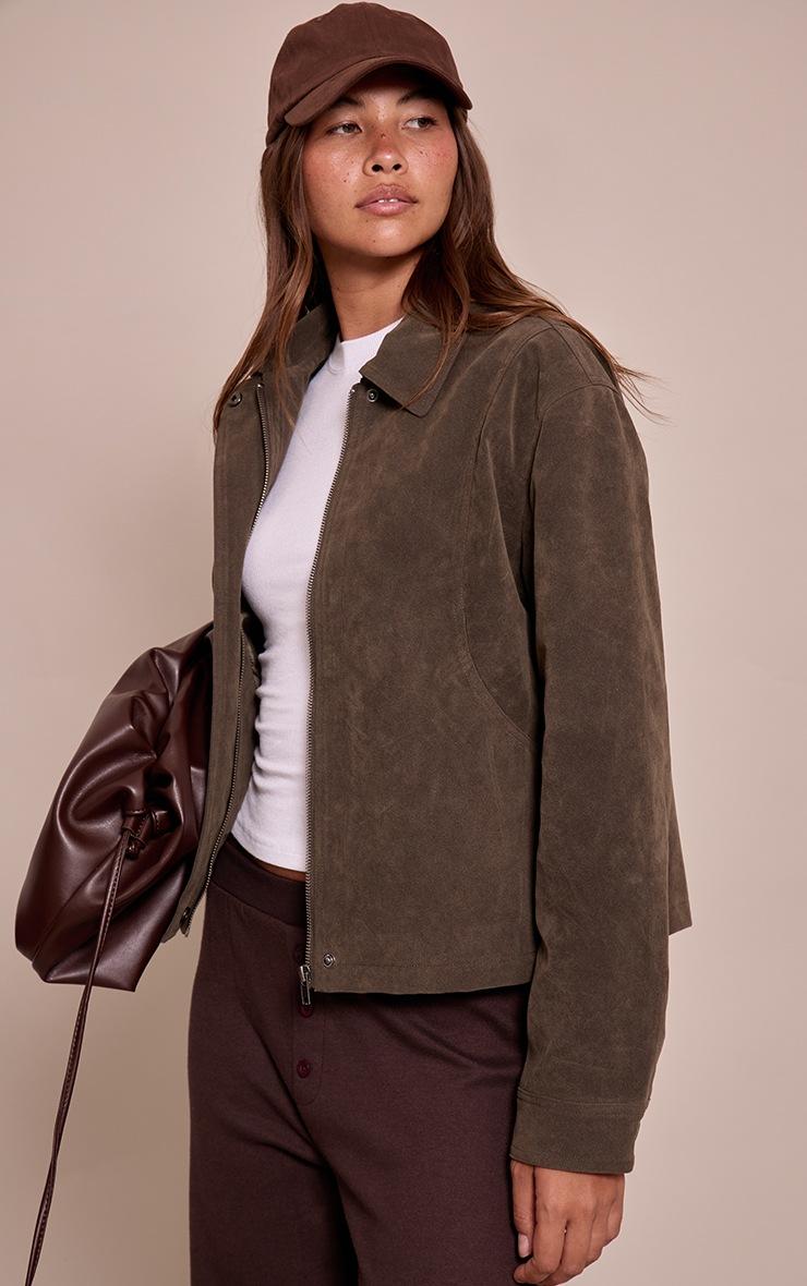 Pretty Little Thing Khaki Faux Suede Concealed Placket Bomber Jacket