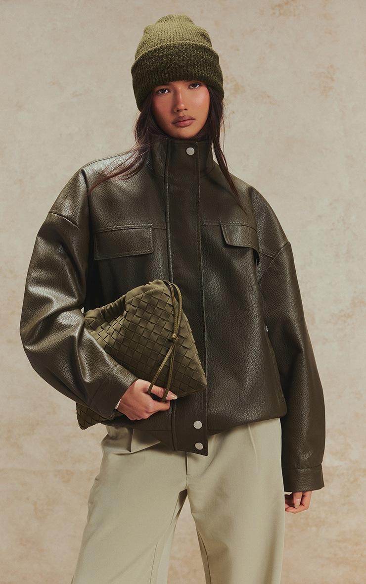 Pretty Little Thing Khaki Funnel Neck Concealed Placket Faux Leather Jacket