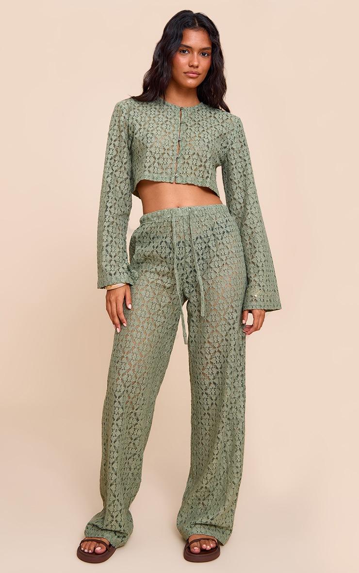 Pretty Little Thing Khaki Lace Button Detail Crop Top