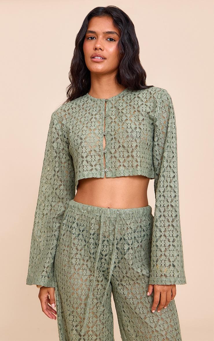 Pretty Little Thing Khaki Lace Button Detail Crop Top