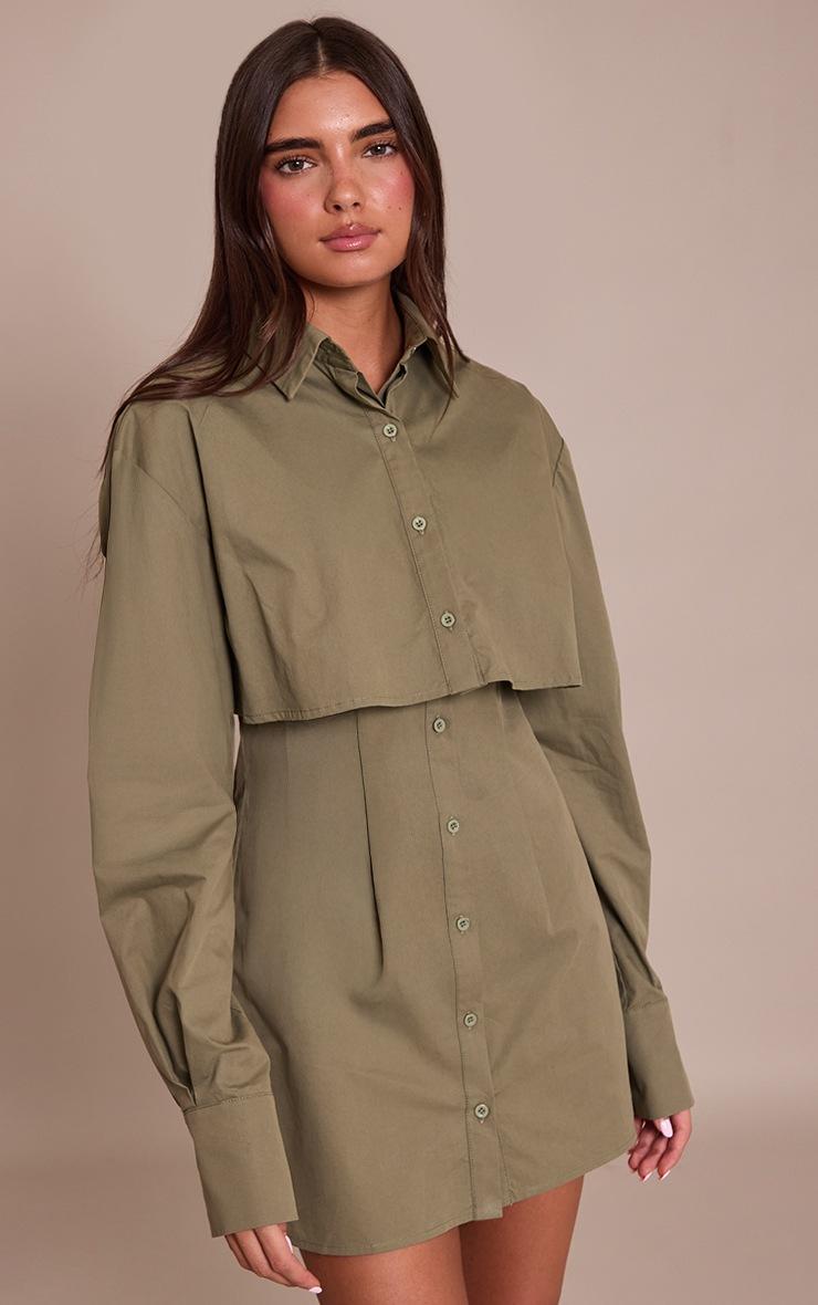 Pretty Little Thing Khaki Overlay Detail Long Sleeve Shirt Dress