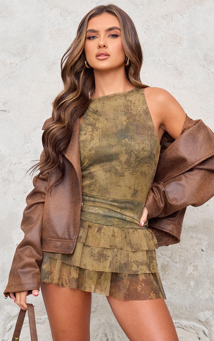 Pretty Little Thing Khaki Print Mesh Rara Frill Skort Romper