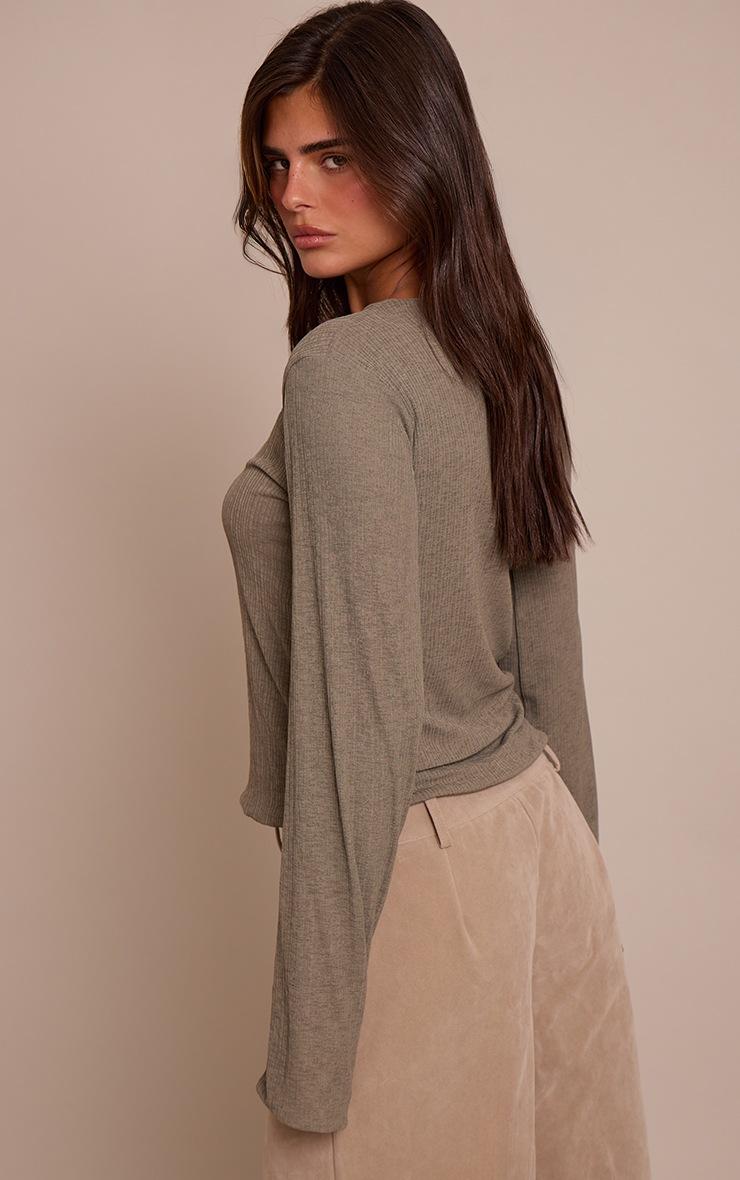 Pretty Little Thing Khaki Rib Onion Skin Flare Long Sleeve Top