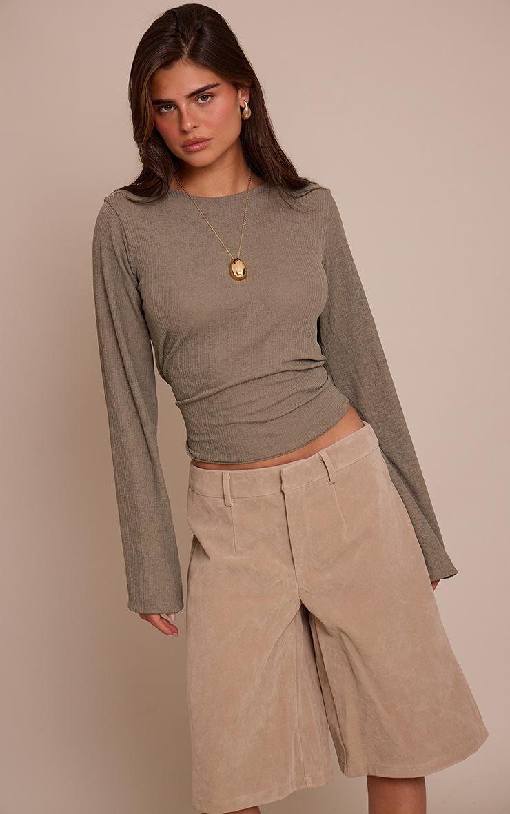 Pretty Little Thing Khaki Rib Onion Skin Flare Long Sleeve Top