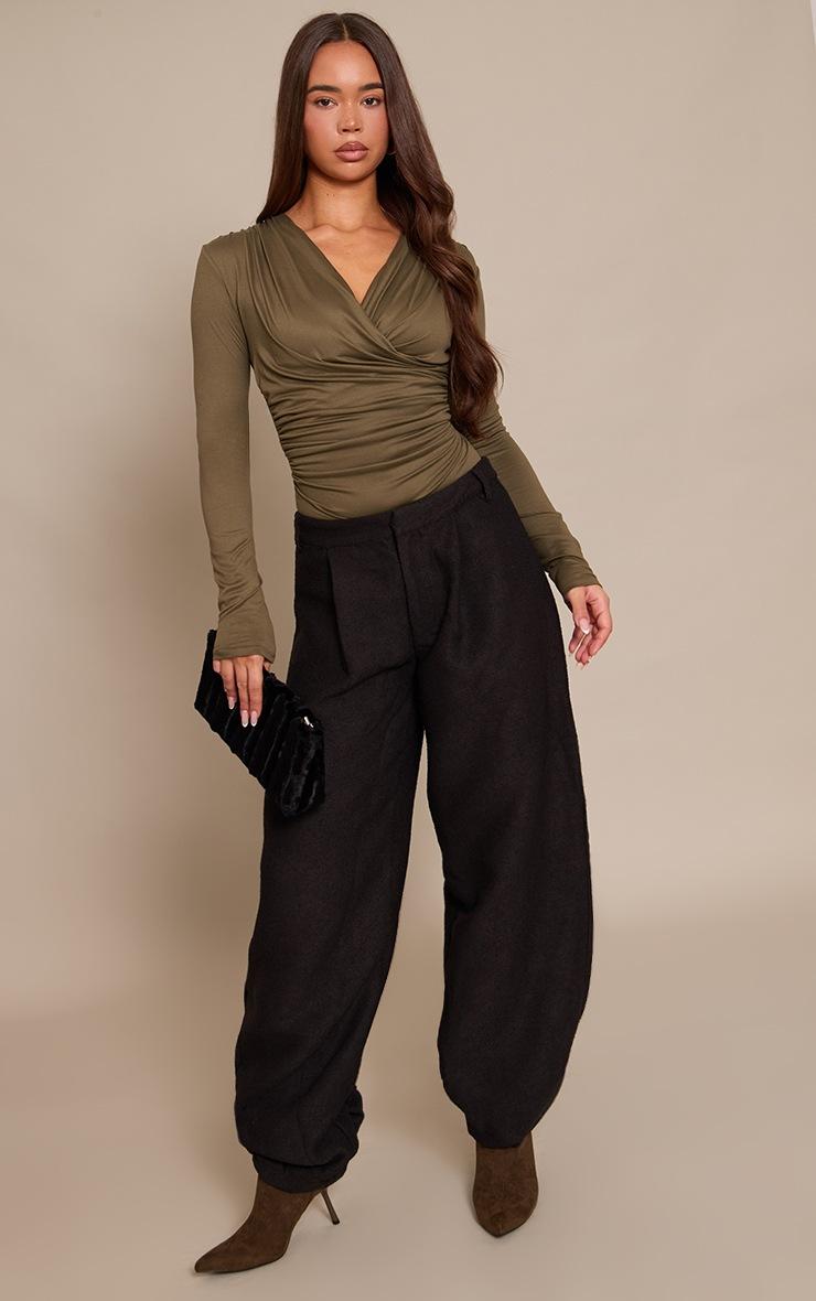 Pretty Little Thing Khaki Soft Touch Ruched Front Detail Long Sleeve Bodysuit