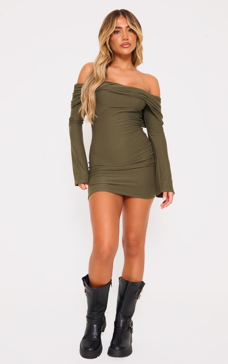 Pretty Little Thing Khaki Soft Touch Twist Bardot Bodycon Dress