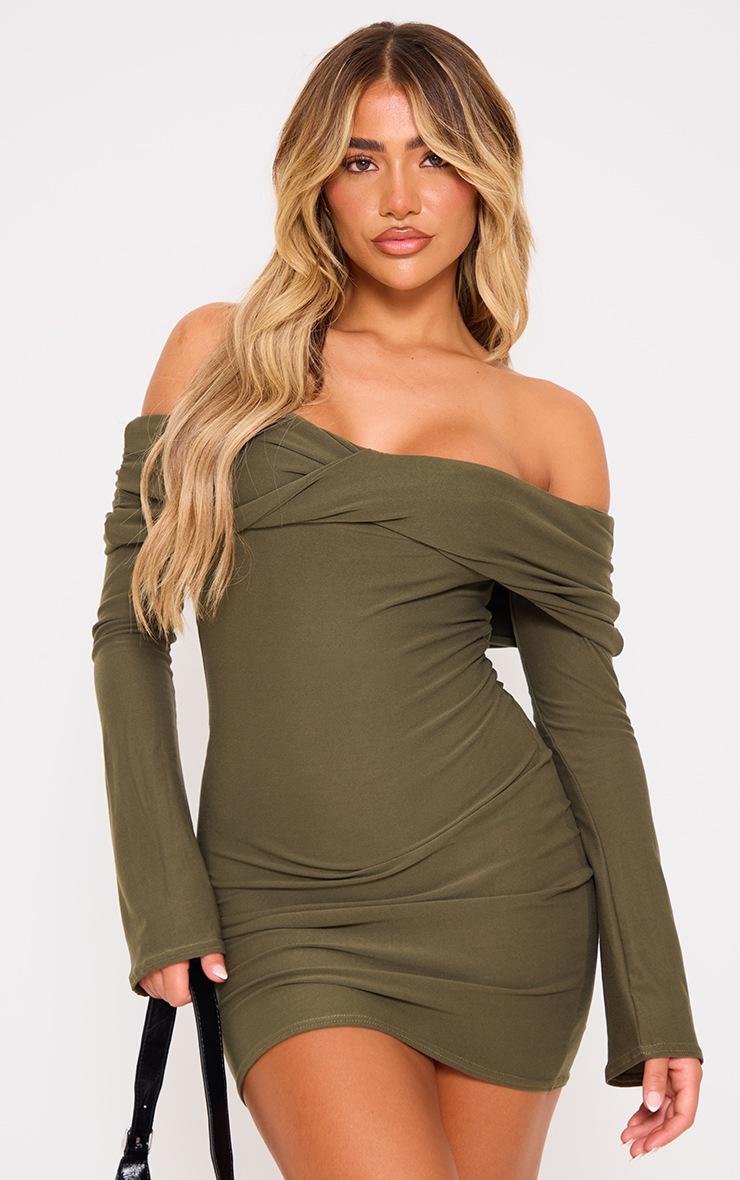 Pretty Little Thing Khaki Soft Touch Twist Bardot Bodycon Dress
