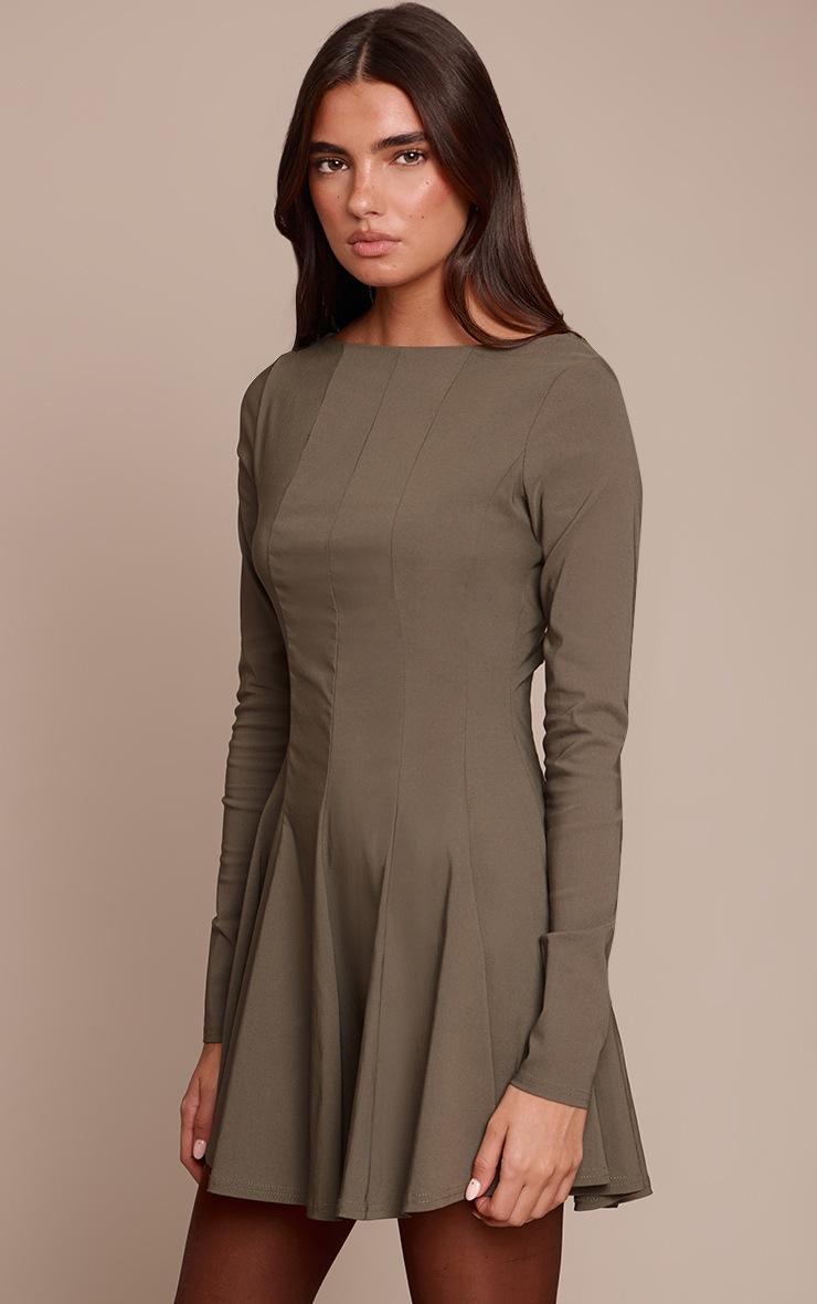 Pretty Little Thing Khaki Stretch Woven Boat Neck Long Sleeve Pleated Shift Dress