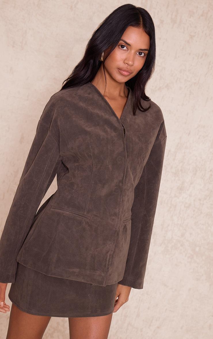 Pretty Little Thing Khaki Suede Collarless Cocoon Sleeve Blazer