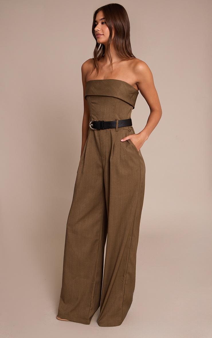 Pretty Little Thing Khaki Woven Bandeau Belted Wide Leg Jumpsuit