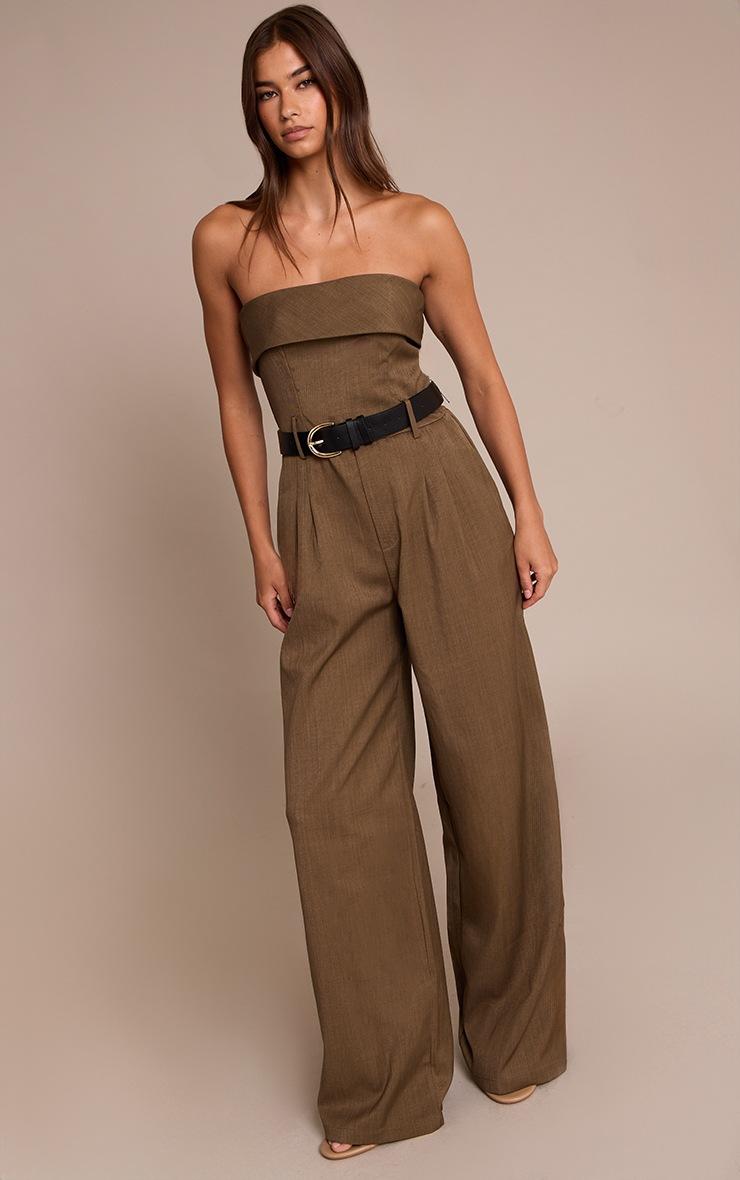 Pretty Little Thing Khaki Woven Bandeau Belted Wide Leg Jumpsuit