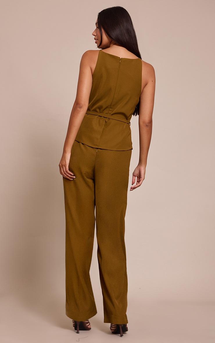 Pretty Little Thing Khaki Woven Belt Tied Straight Leg Jumpsuit