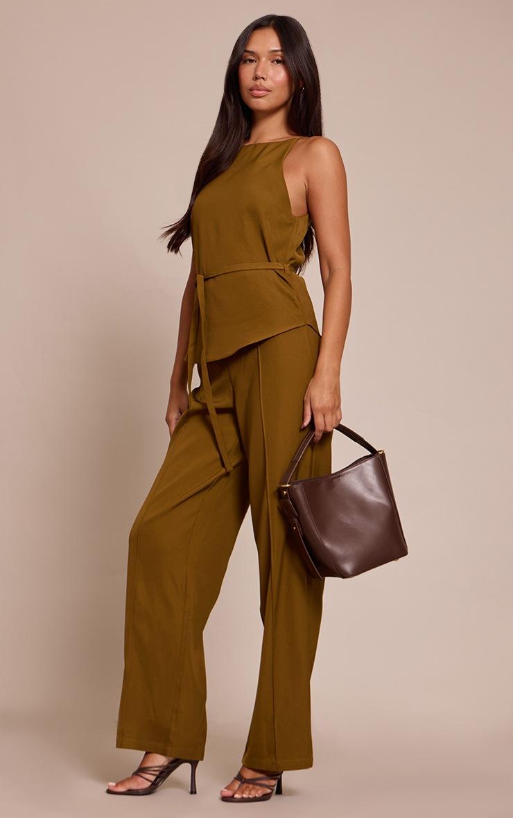 Pretty Little Thing Khaki Woven Belt Tied Straight Leg Jumpsuit