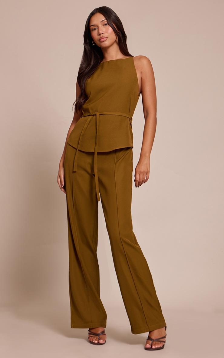 Pretty Little Thing Khaki Woven Belt Tied Straight Leg Jumpsuit