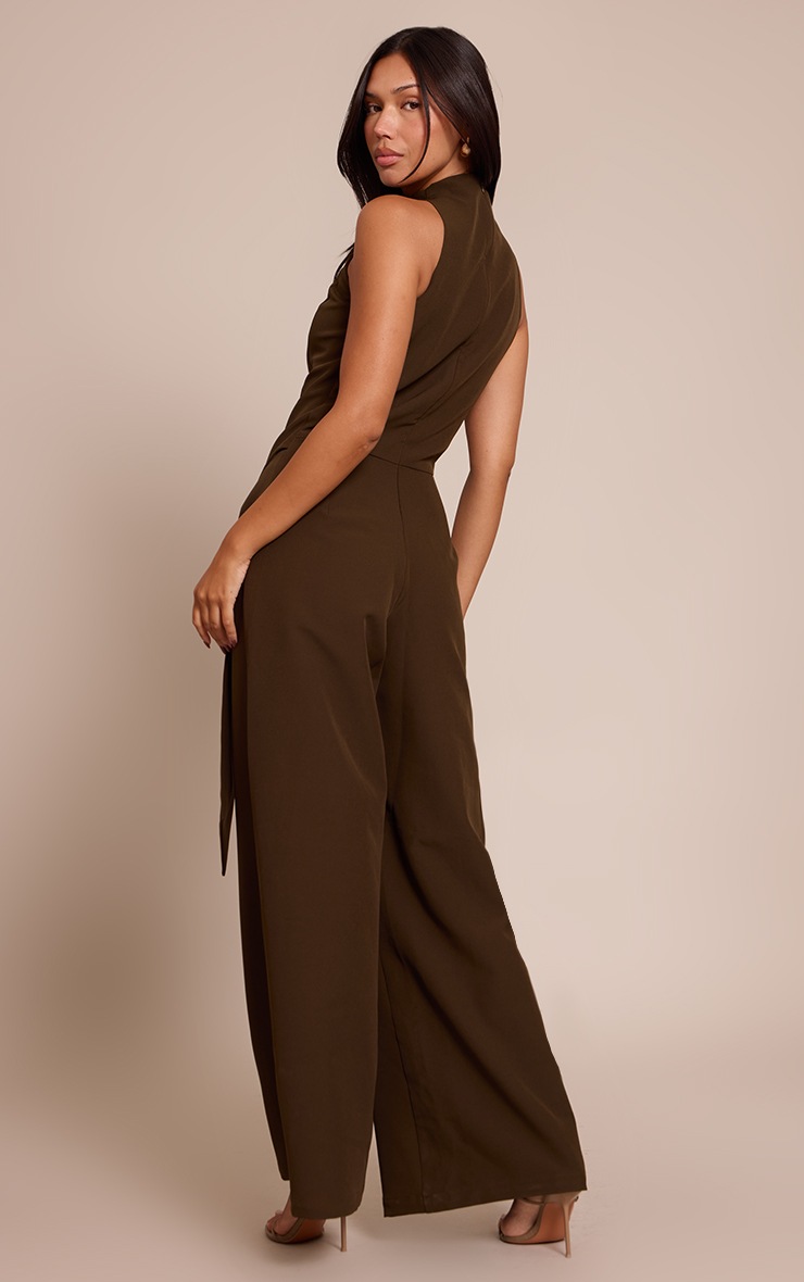 Pretty Little Thing Khaki Woven Belt Trim Detail Straight Leg Jumpsuit