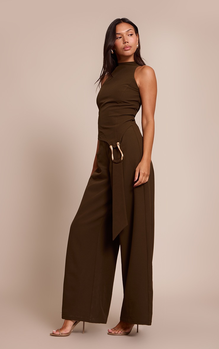 Pretty Little Thing Khaki Woven Belt Trim Detail Straight Leg Jumpsuit