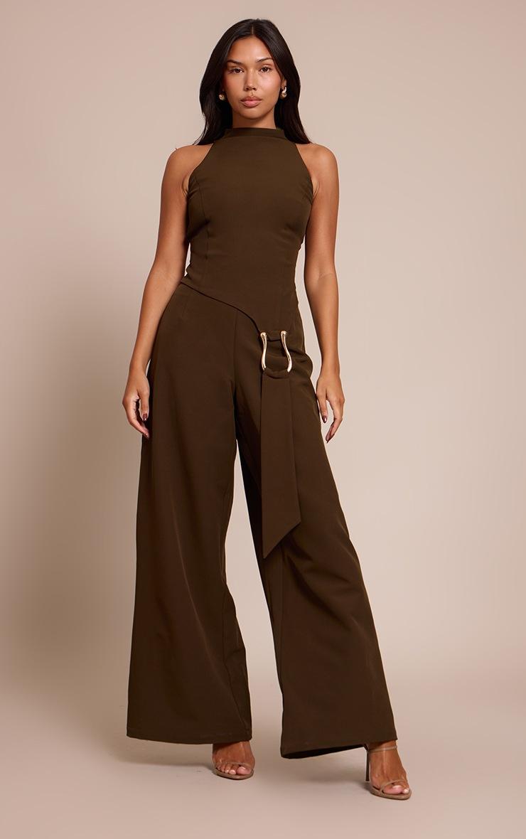 Pretty Little Thing Khaki Woven Belt Trim Detail Straight Leg Jumpsuit
