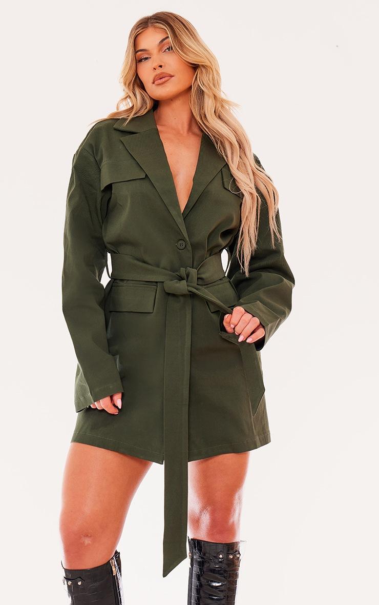 Pretty Little Thing Khaki Woven Button Belted Blazer Dress