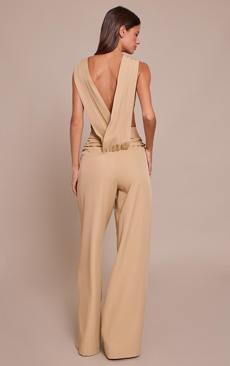 Pretty Little Thing Khaki Woven Crew Neck Ruched Wide Leg Jumpsuit