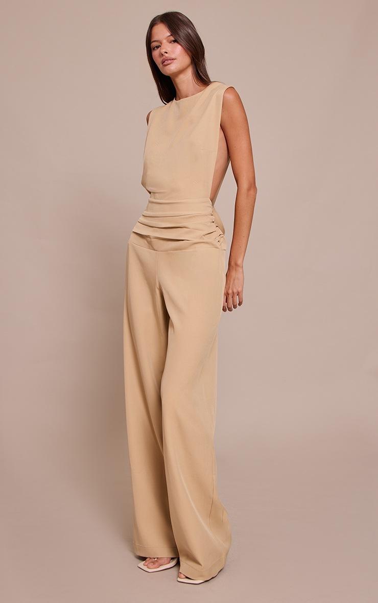 Pretty Little Thing Khaki Woven Crew Neck Ruched Wide Leg Jumpsuit