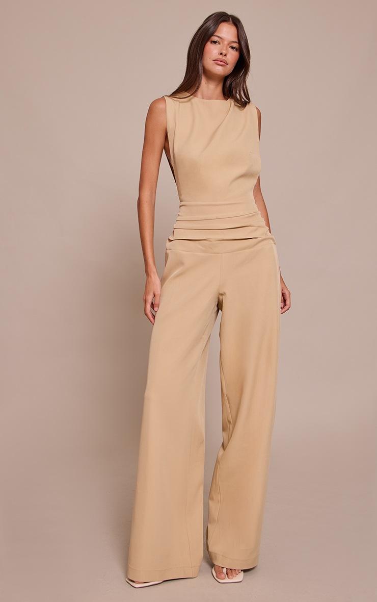Pretty Little Thing Khaki Woven Crew Neck Ruched Wide Leg Jumpsuit
