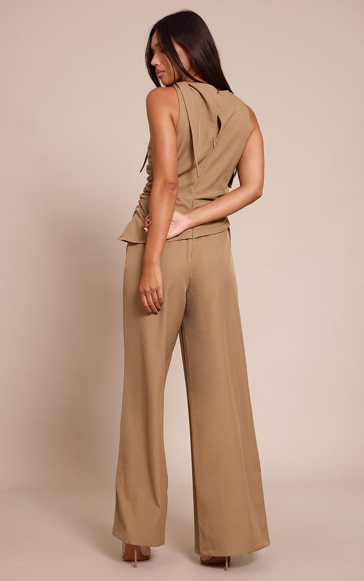 Pretty Little Thing Khaki Woven High Neck Ruched Wide Leg Jumpsuit