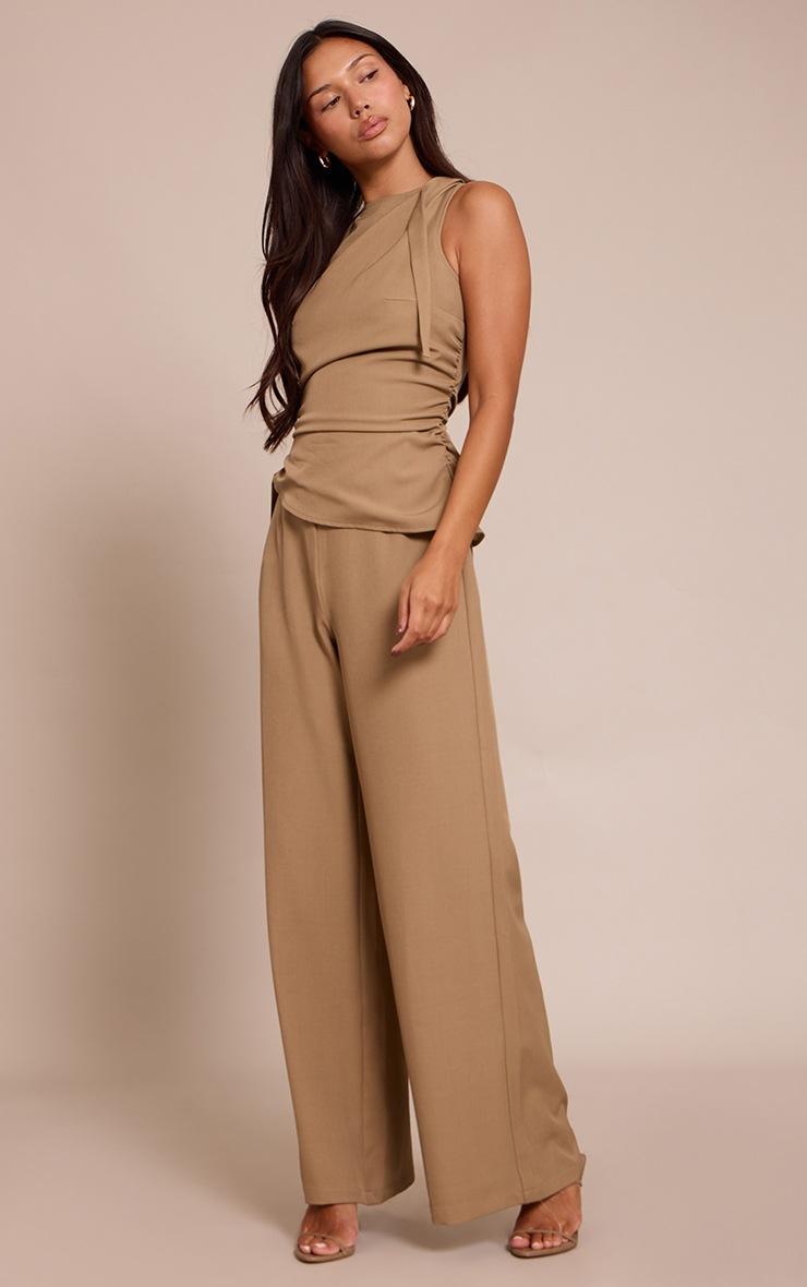 Pretty Little Thing Khaki Woven High Neck Ruched Wide Leg Jumpsuit