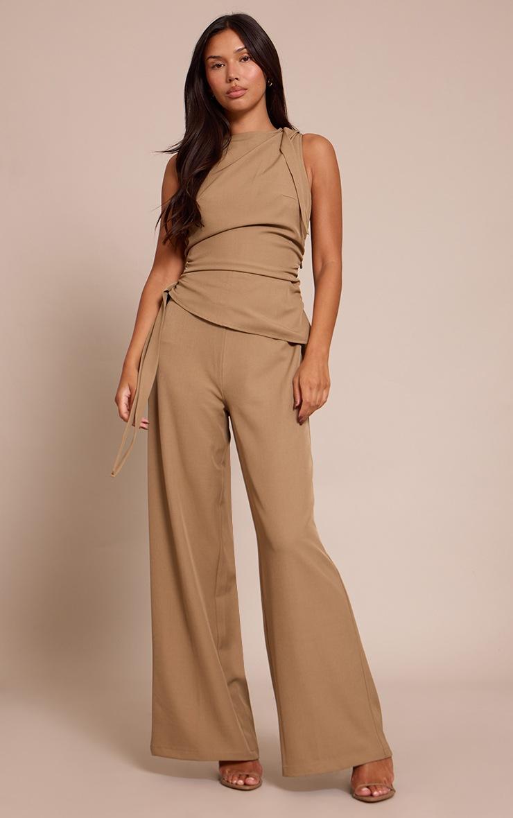 Pretty Little Thing Khaki Woven High Neck Ruched Wide Leg Jumpsuit